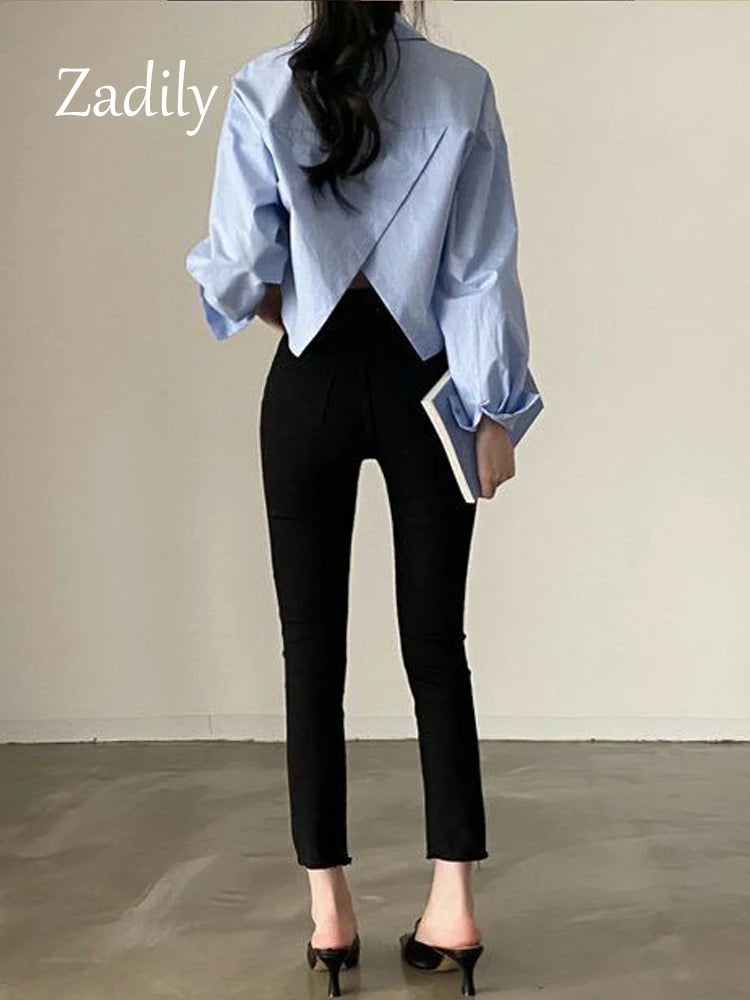 Zadily White Casual Long Sleeve Crop Top Blouse Korea Style Women Spring 2023