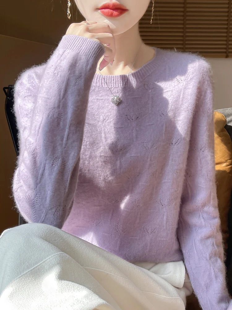 Women 100% Merino Wool Sweater Casual Hollow out Cashmere Blouse O-neck Pullover Tops Autumn Winter Warm Knit Woman Wool Sweater