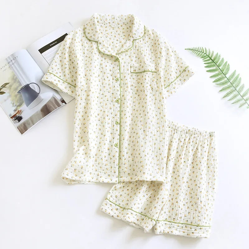 Women's short sleeve trousers home service cotton yarn thin pajama set spring and autumn cotton home service suit