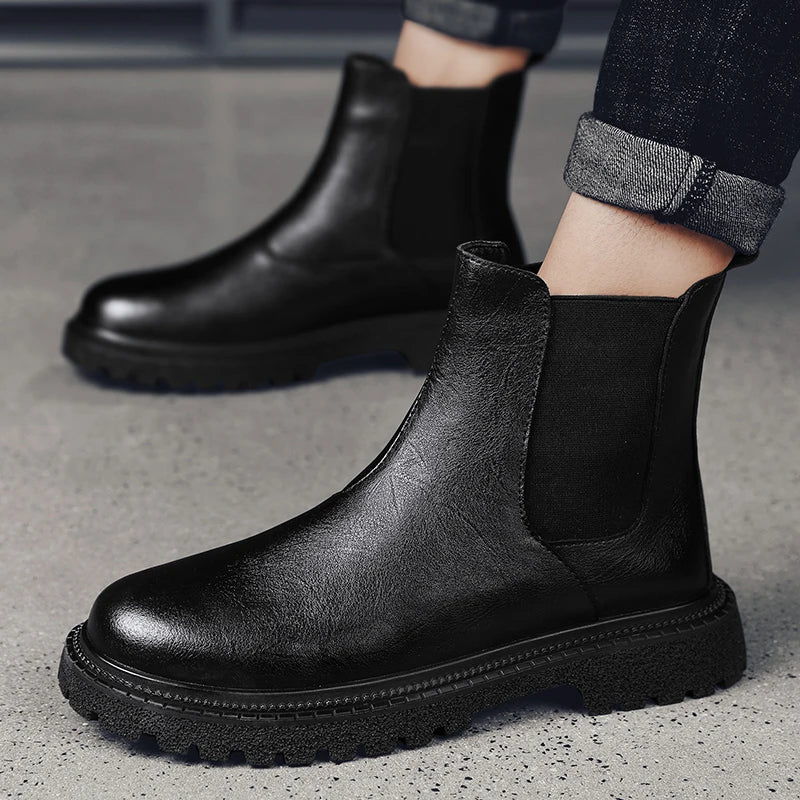 Mens Genuine Leather Chelsea Boots Ankle Casual Fashion Boot Luxury Winter Plush Warm Non-Slip Soles Pure Black Brown Suede
