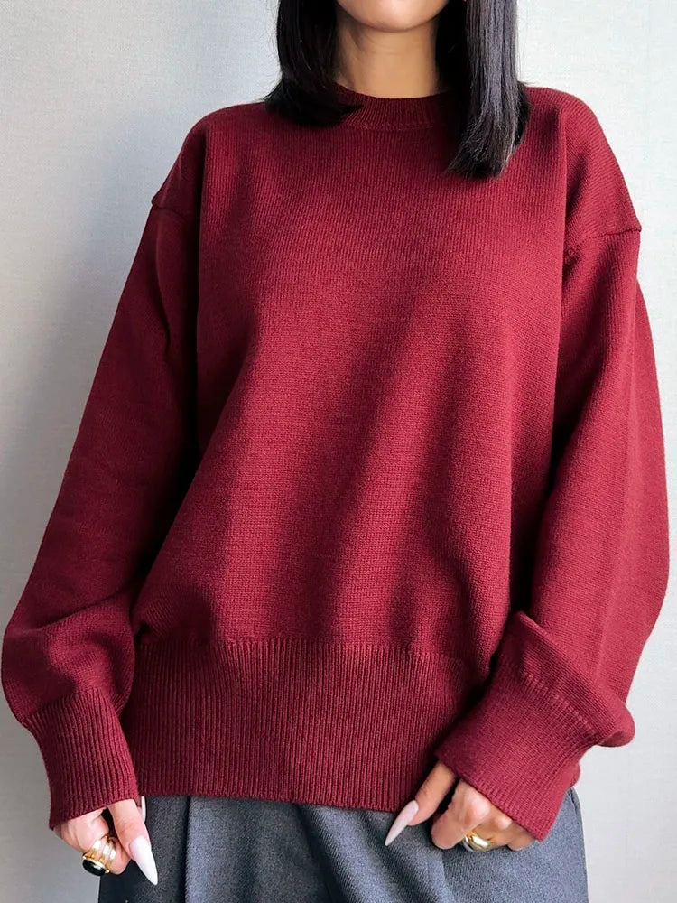 Oversize Burgundy Womens O Neck Knitwear Sweater Warm Winter Pullover