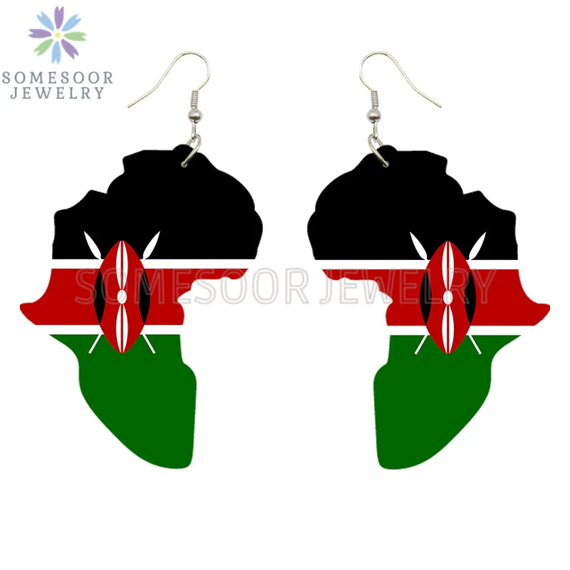 SOMESOOR Afro Countries National Flags Print Africa Map Wooden Drop Earrings Pendant For Women African Mainland Dangle Jewelry