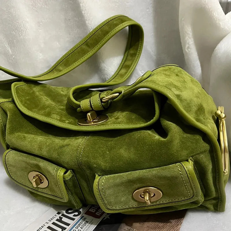 Casual Commuter Large Capacity Suede Pillow Bag Single Shoulder Crossbody Bag Vintage Style Polyester Lining Zipper Closure