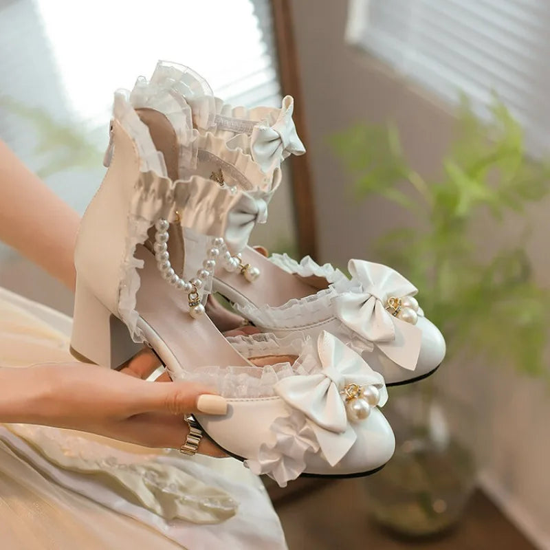 Ochanmeb Sweet Kawaii Girls Lolita Shoes Thick High Heels Cosplay Pumps Bow Knot Pearls Chain Ruffles Lovely Wedding Party Pumps