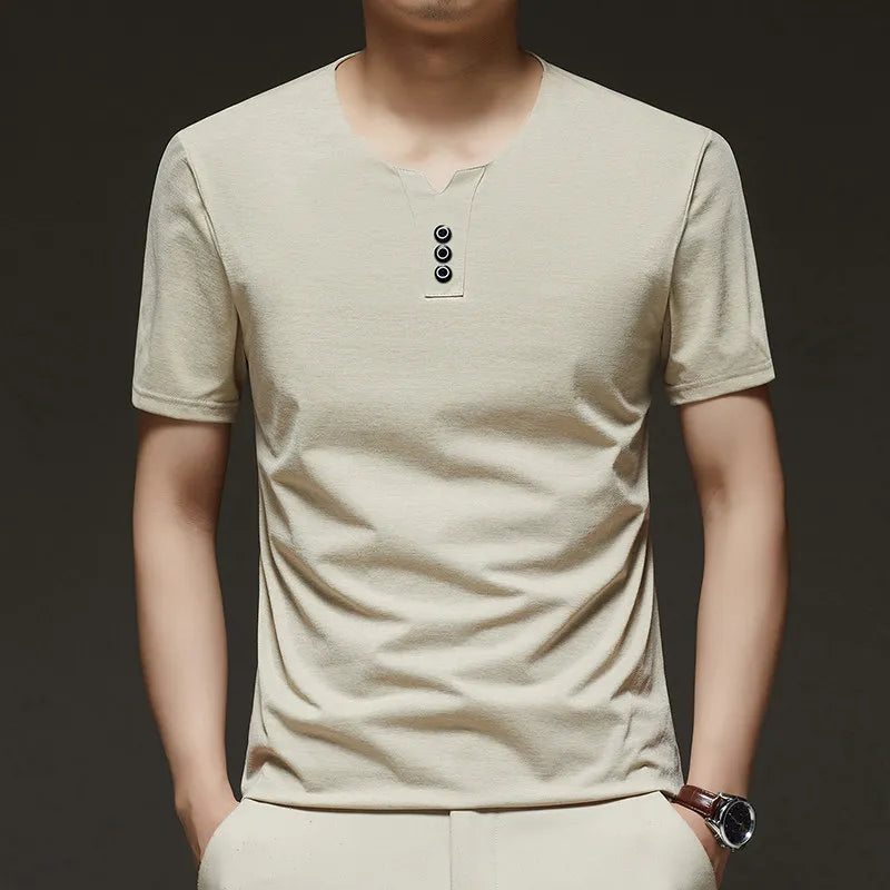 2025 New Men's Business Casual Three Button V-neck Short Sleeved T-shirt Korean Style Summer Comfortable Versatile Top