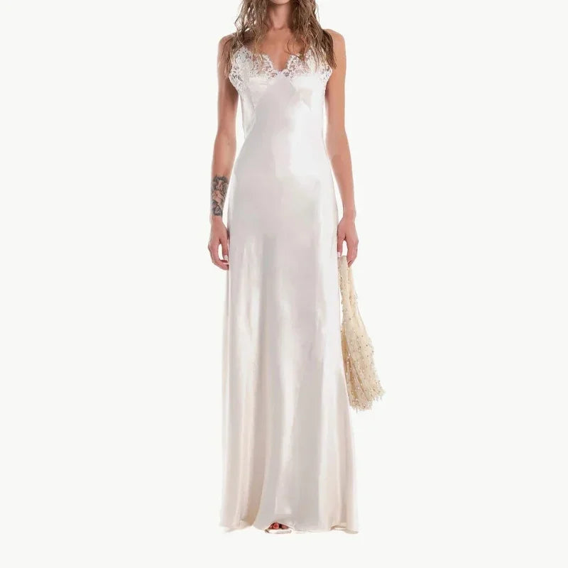 Women V-neck Satin Sling Maxi Dress Sexy White Lace Patchwork Sleeveless Backless Slim Gowns 2026 Evening Party Chic Dresses New