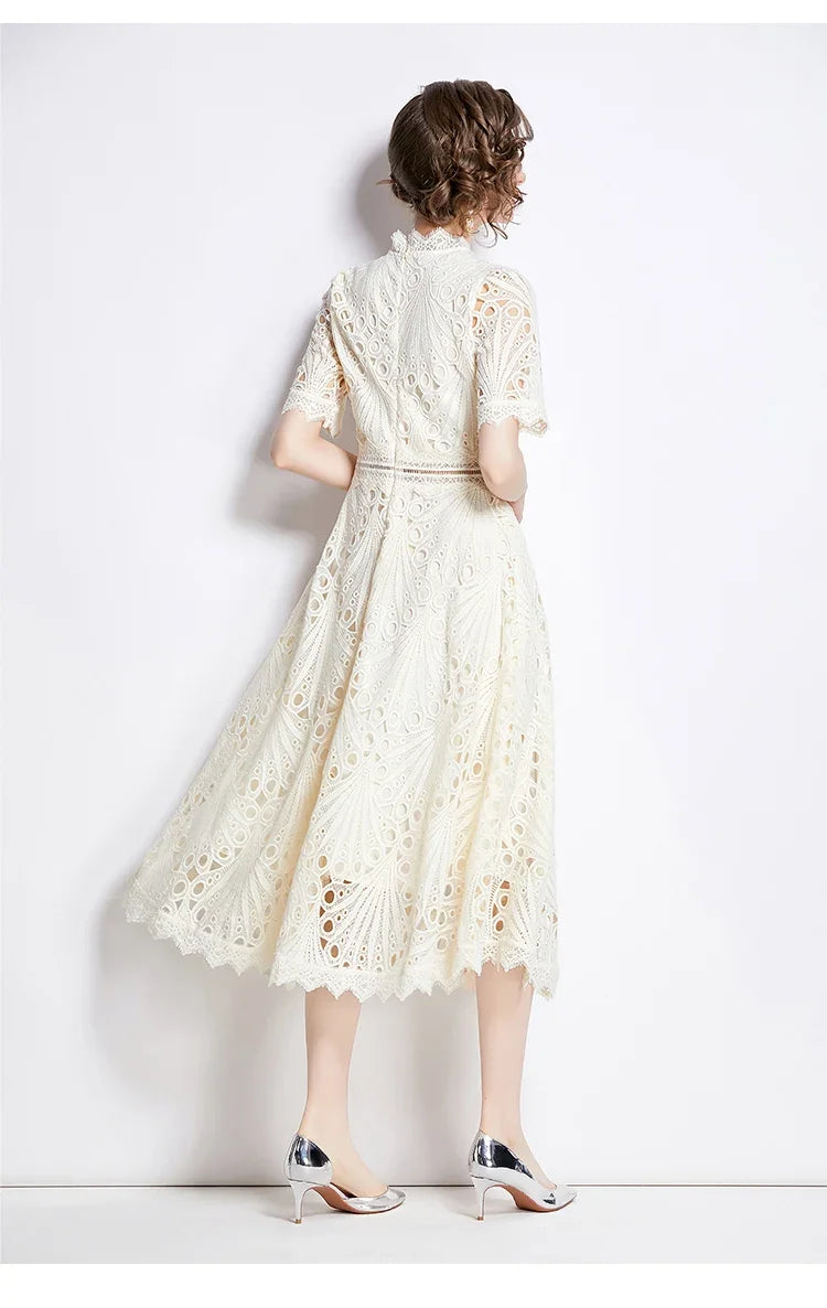 SMTHMA Vintage High-End O-Neck Short Sleeve Lace Hollow Out Dress For Women's Summer Slim Elegant Long Dress Female Clothing