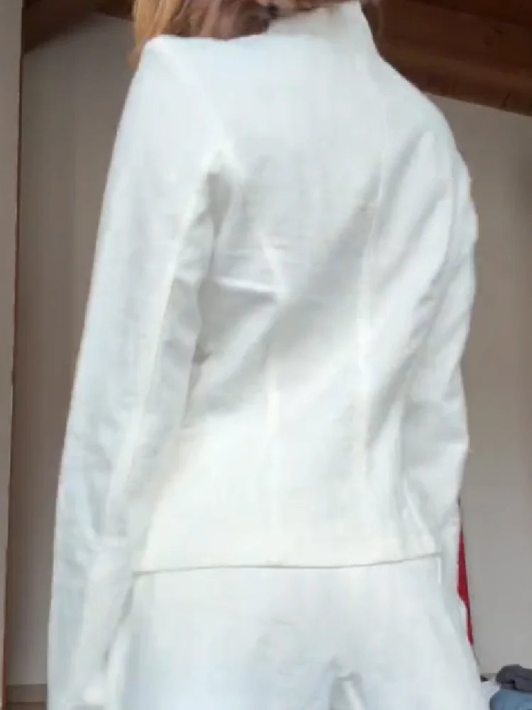 Women's Elegant White Linen Two-piece Outfit Asymmetric Long Sleeved Stand Collar Blazer Jacket Cozy High Waist Shorts Set