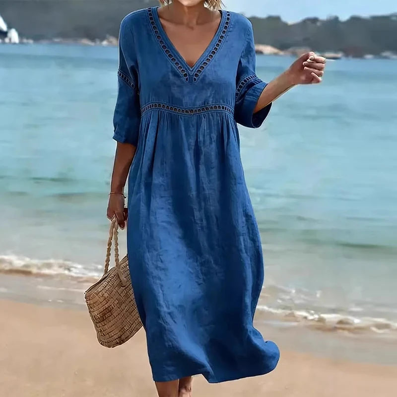 Summer V Neck Half Sleeve Loose Beach Holiday Dress Women Casual Hollow Out Design Solid Color A-line Midi Dress Boho