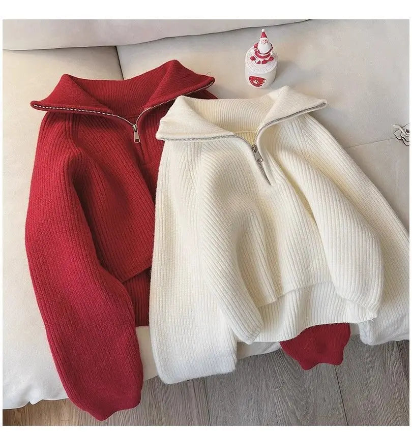 2024 Autumn New Korean Style Versatile Basics Half-zipper Loose Lapel Winter Long-sleeved Lazy Sweater Pullover Top