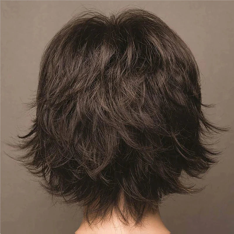 HAIRJOY Synthetic Hair Short Curly Brown Mixed Blonde Highlight Wigs with Bangs for White Women