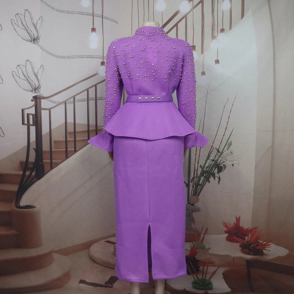 Fashion Suit African Dresses for Woman Rhinestone Turkey Dresses for Women Luxury High Quality Mesh Fabric African Beaded Dress