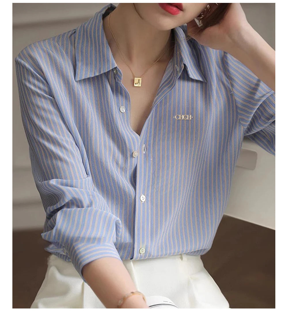 Long Sleeved Women's Shirt New Popular Classic High Grade Female Shirt Vintage Elegant Stripe Versatile Office Lady Fashion Tops