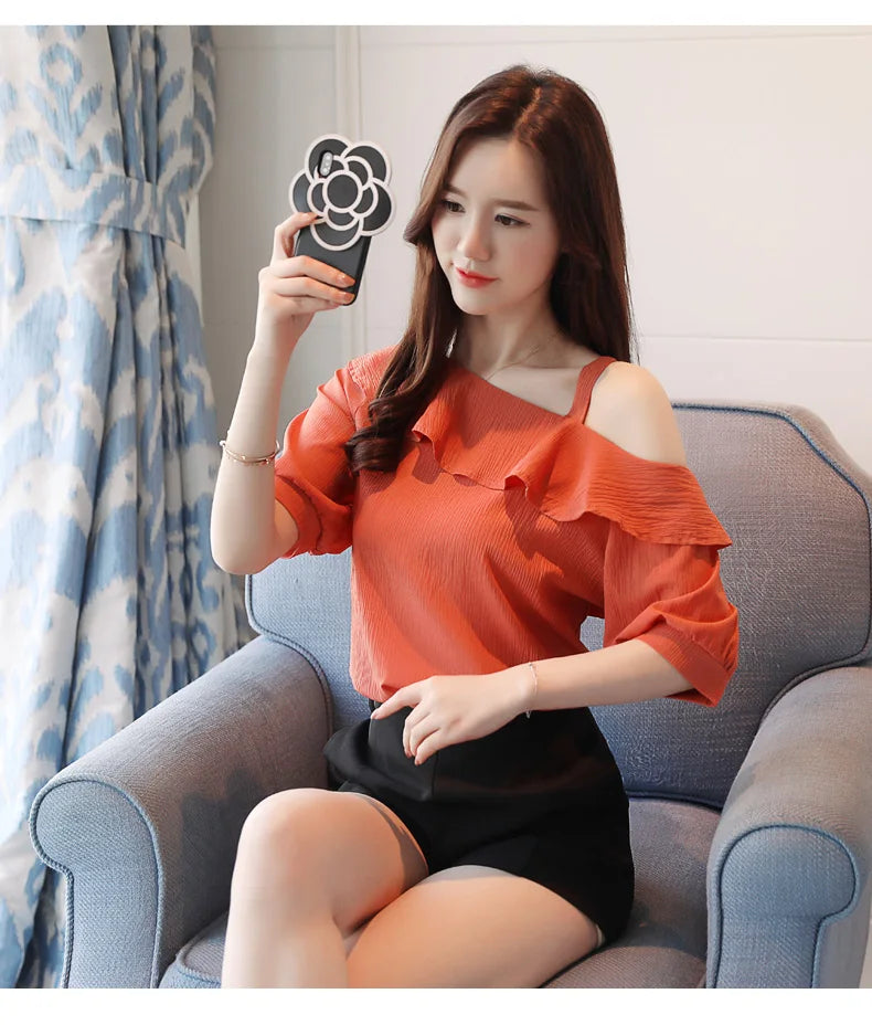Women's One Shoulder Ruffles Chiffon Blouse Shirt Short Sleeve Pullover Acetate