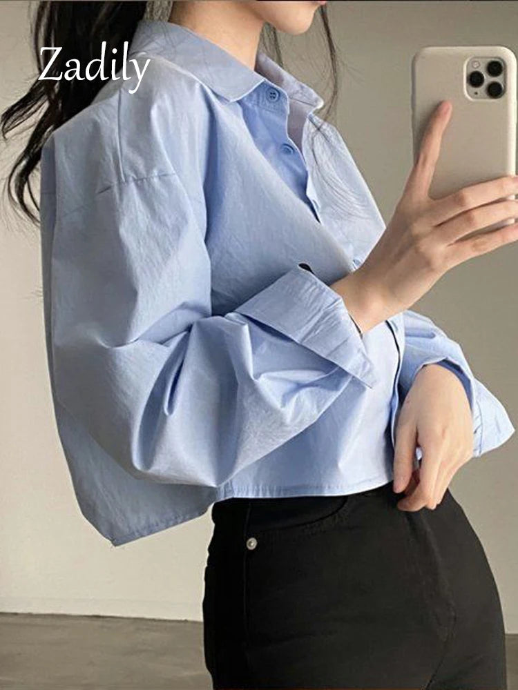 Zadily White Casual Long Sleeve Crop Top Blouse Korea Style Women Spring 2023