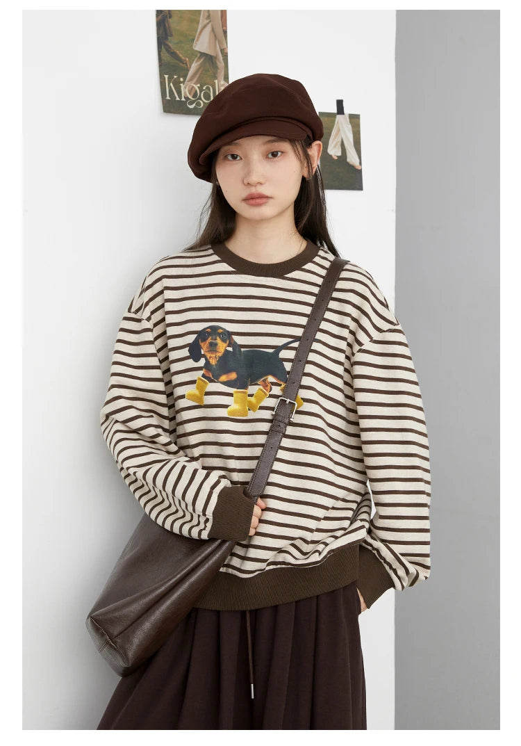 CHIC VEN New Women T-Shirts Loose Casual Round Neck Striped Dog Print Long Sleeved Female Tees Pullover Autumn Winter 2025