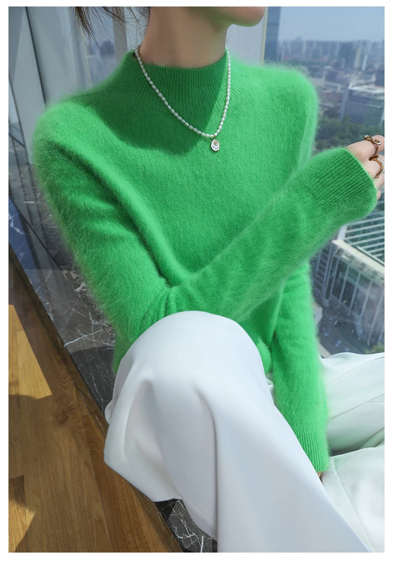 2024 Autumn And Winter New Women's Semi High Neck New Fashion Mink Sweater Long Sleeved Loose Sweater Slimming Knit Sweater Base