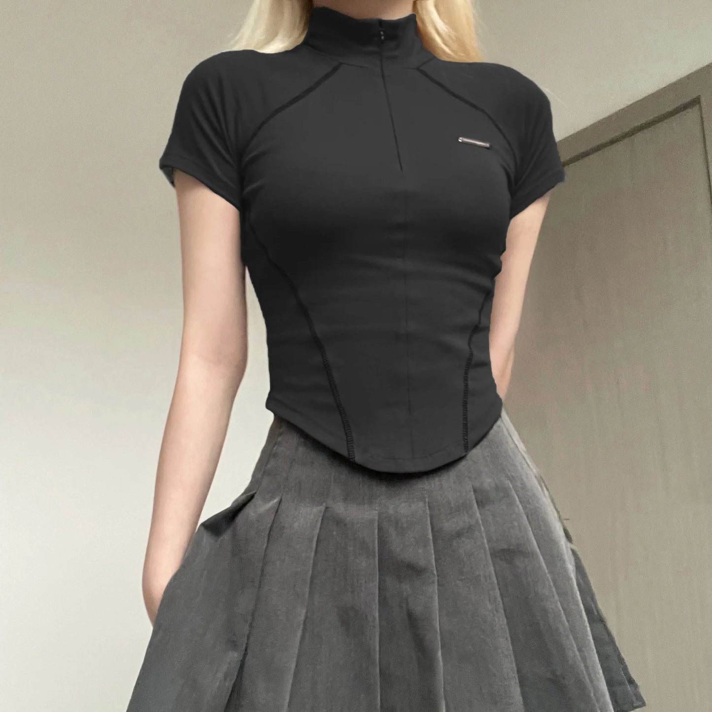 y2k Metal Crop Top Zipper Grey Short Sleeve Biker Moto Tee Korean Fashion Streetwear T Shirt Grunge Chic Outfits 90s