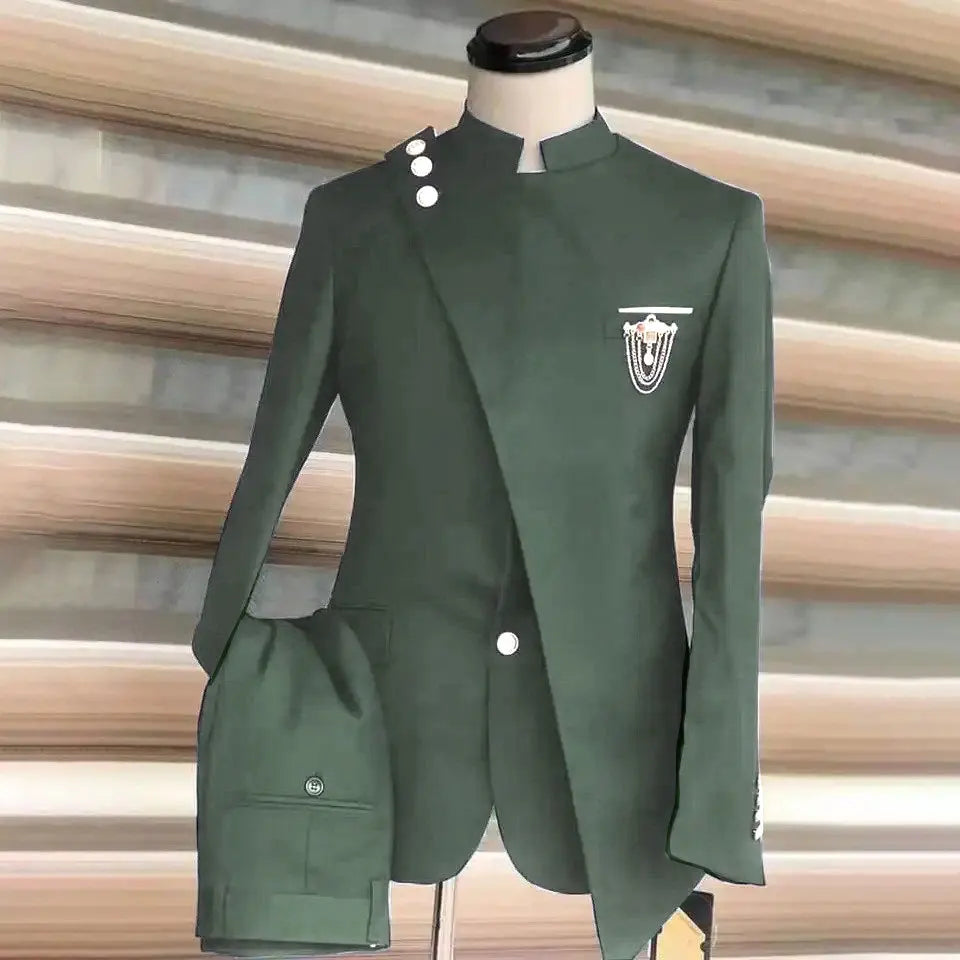 Men Blazer Suits 2 Piece Set Party Coat Straight Pants Ensemble Stand Collar Buttons Trousers Suit Jacket Outfits Autumn 2025