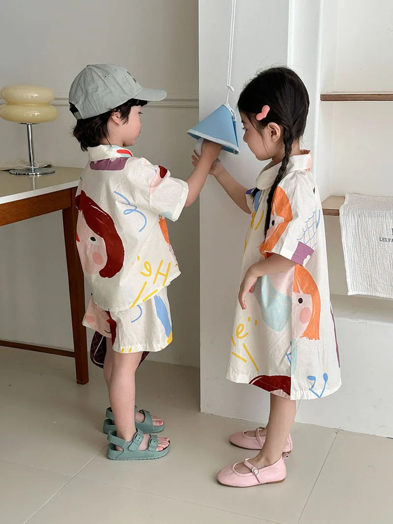 Loose Fit Summer Kids Clothes Set Girls Cute Graffiti Dress Boys Short Sleeved Shirt Children Thin Brother Sisters Outwear Suit