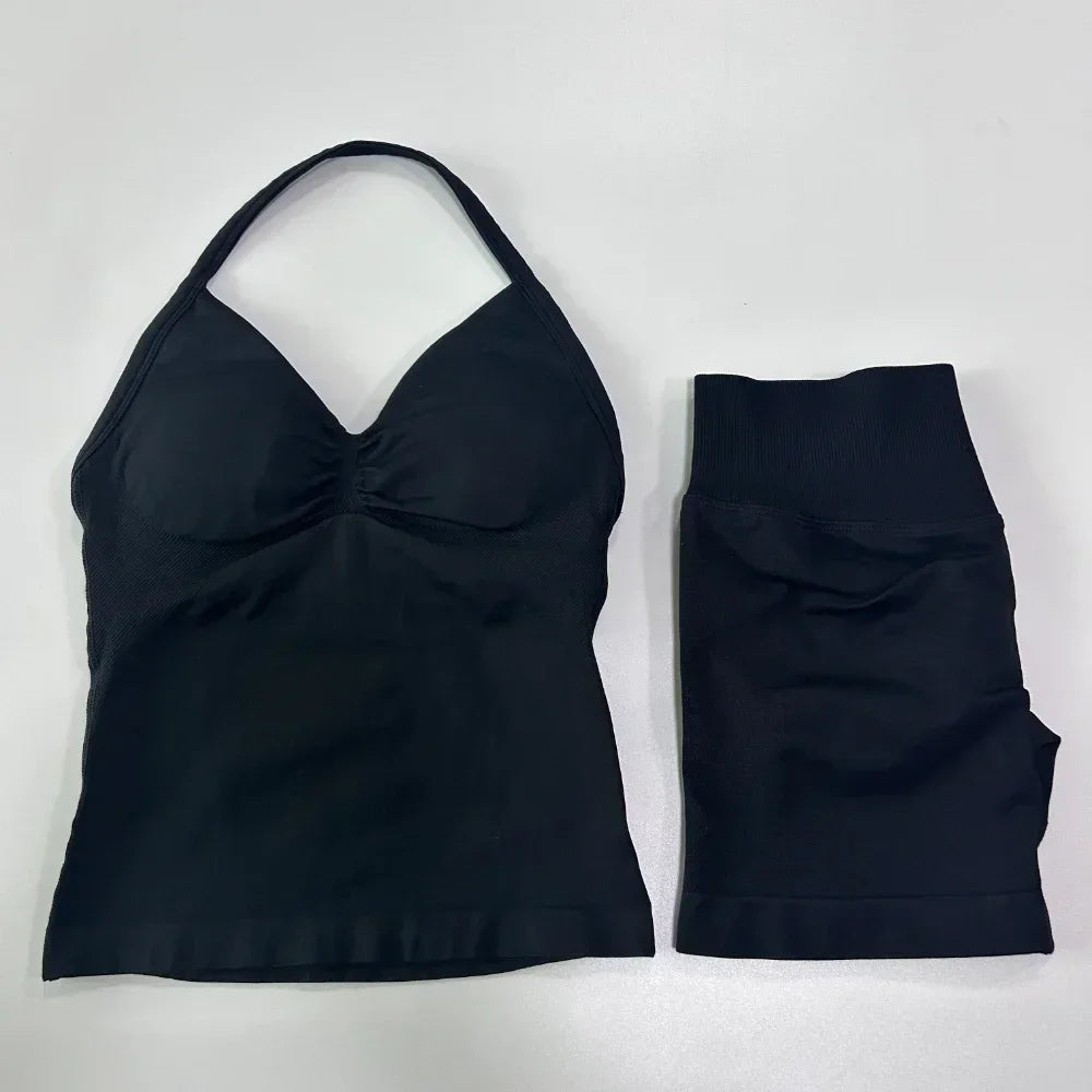 2 Pieces Sports Set Women Backless Tank Tops High Waist Scrunch Seamless Shorts Sport Suit Gym Set Sportswear Workout Set