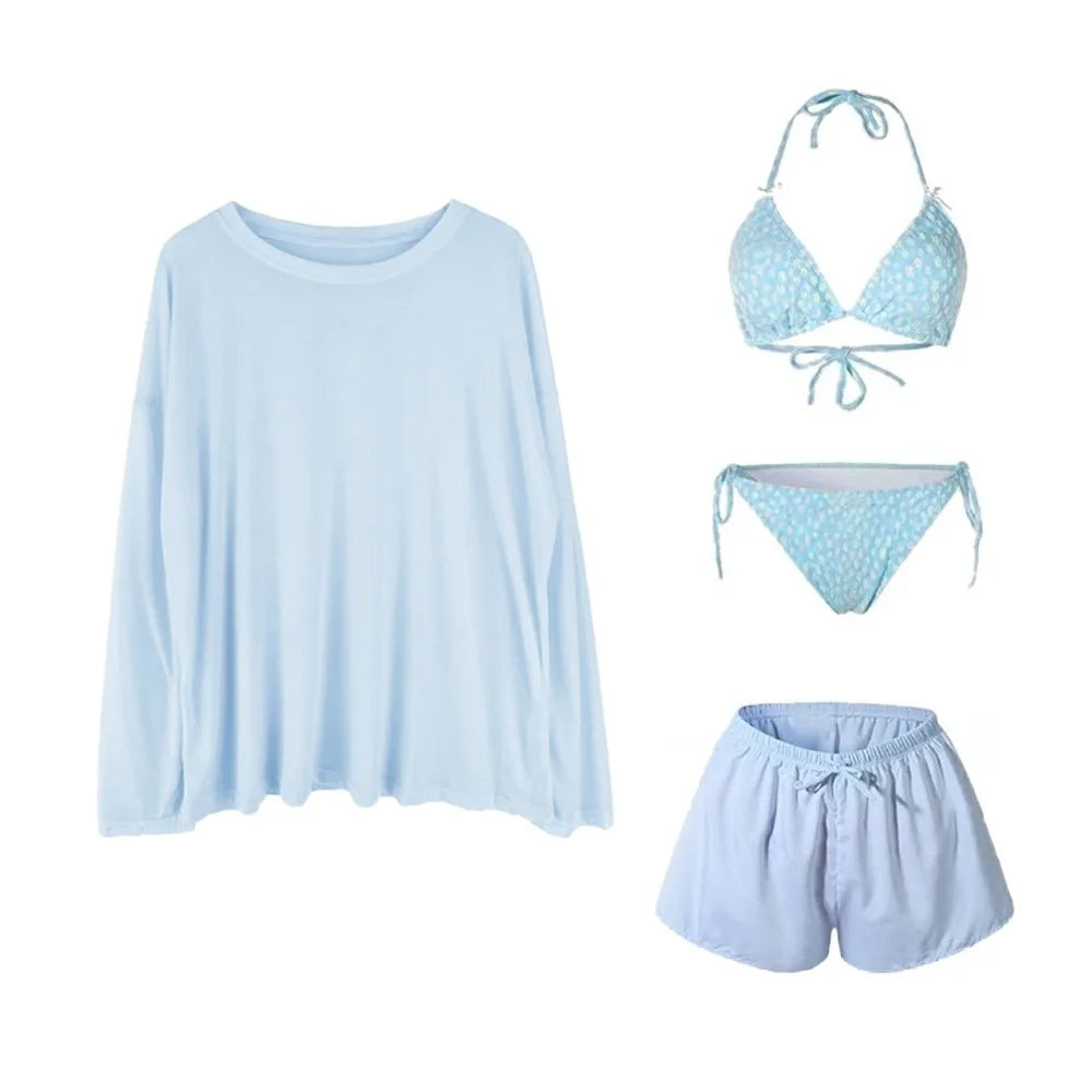 Lace-up Women's Swimwear Set Beachwear Sun Protection 4Pieces Bikini Swimsuit Loose Mesh Transparent Bathing Suit Resort Wear