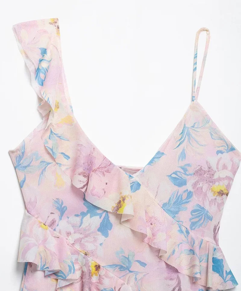 MUJER Print Ruffle Tulle Top Women Leopard Backless Tops Woman 2025 Summer Camisole Beach Top Female Sleeveless Tops for Women