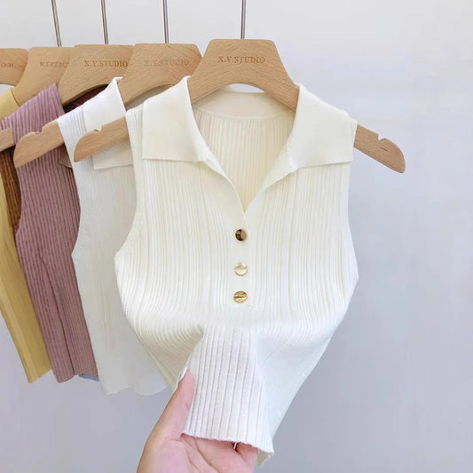 Summer Turn Down Collar Gold Button Slim Knitted Sweater Vests Elegant Knitwear Tank Tops BSTFSC-m1948