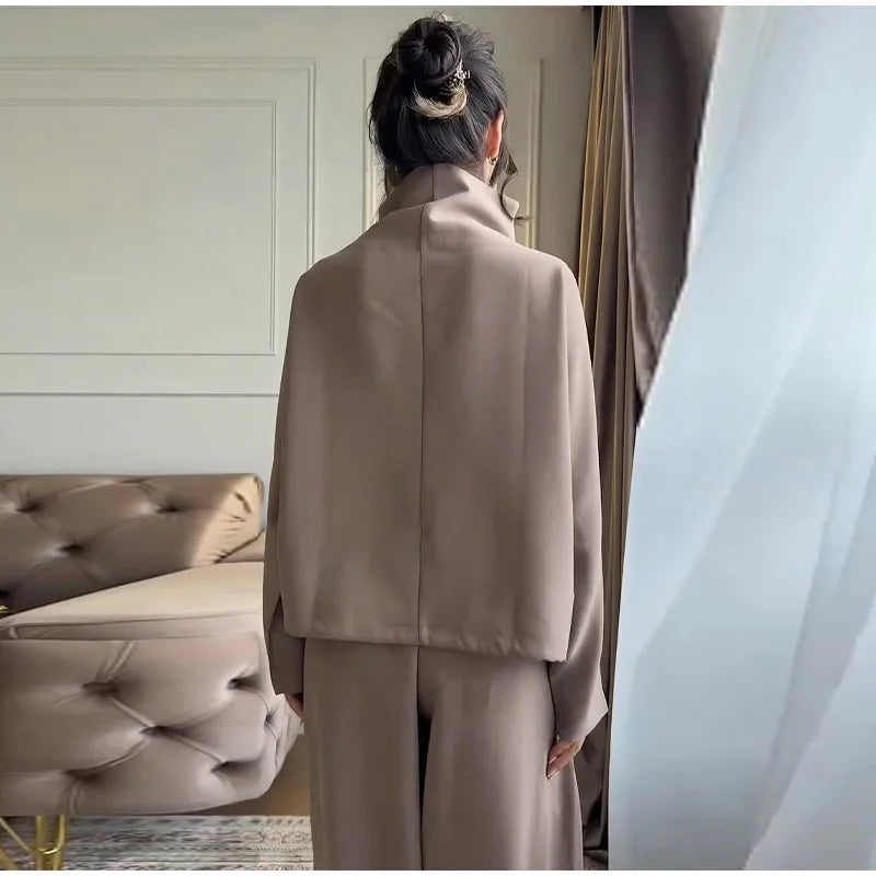 Casual Zipper Shirt Pants Suit Women Solid Button Stand Collar Drawstring Shirts Loose High Waist Trousers 2026 Spring Set Lady