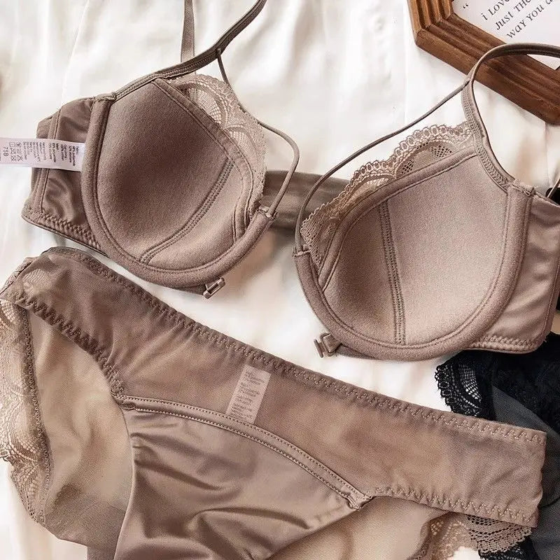 French Women's Lace Seamless Underwear Women's Thin Summer Sexy Lace Satin Anti-sagging Push-up Bra Set Underwear Women Set