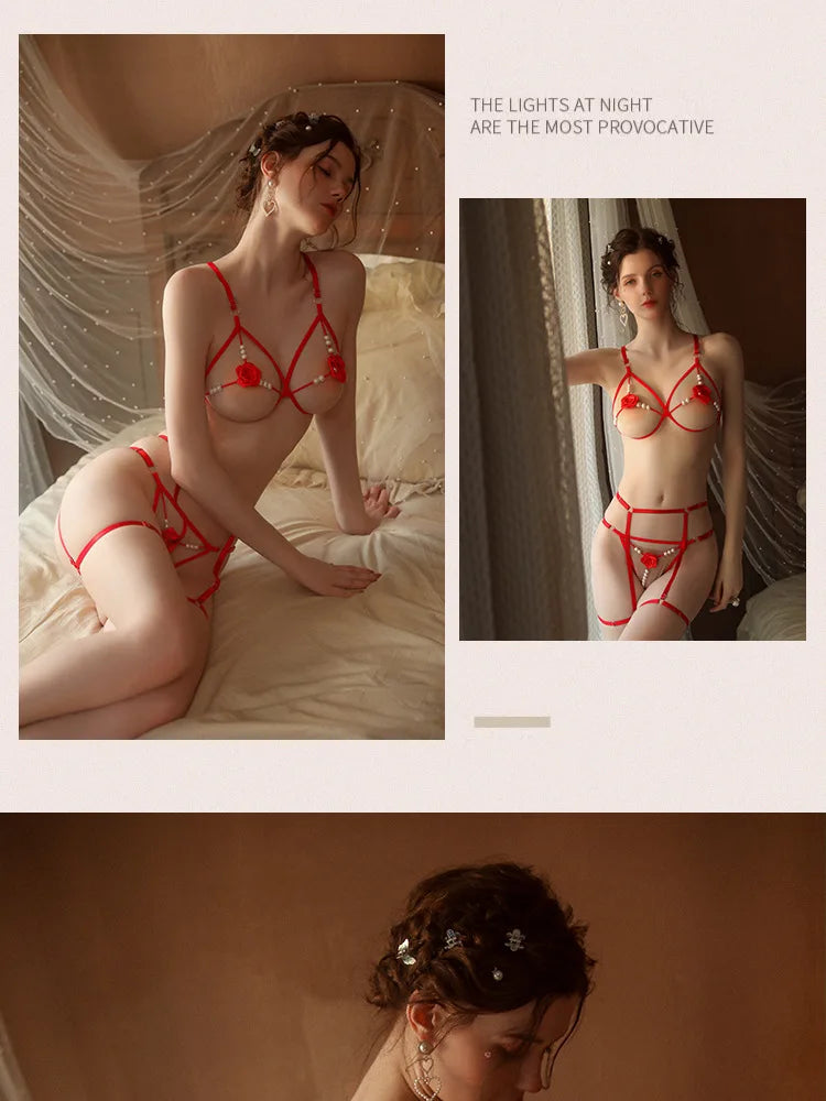 2 Piece Set Sexy Interesting Underwear Set for Women Solid Color Lace See-through Bra Exotic Sexy Lingerie Set Erotic Costume