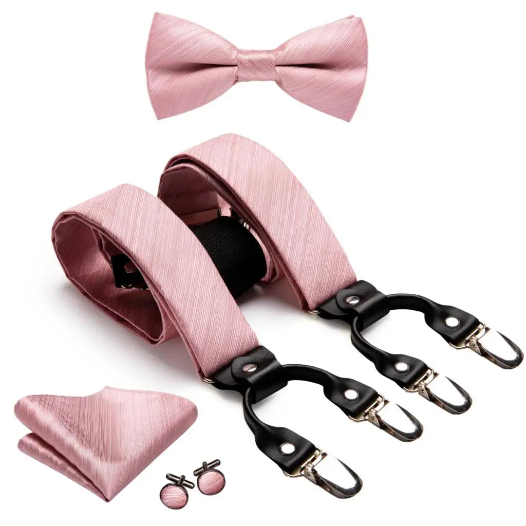 Hi-Tie Silk Adult Men's suspenders Set Leather Metal 6 Clips Braces Gold Brown Floral Vintage Men Fashion Wedding Suspenders Men BAZAARHUBO