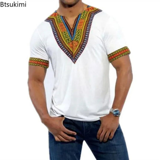 New 2026 Men's African Clothes T-shirts Casual Short Sleeve Traditional Ethnic Style Tops Men's Vintage Printed Perform Clothing