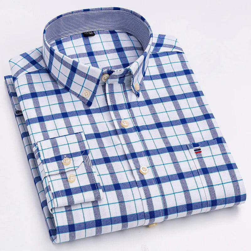 Men's Classic Plaid Oxford Long Sleeve Shirts Pocket 100% Cotton Business Casual Formal Standard Fit Workwear Button Down Shirts