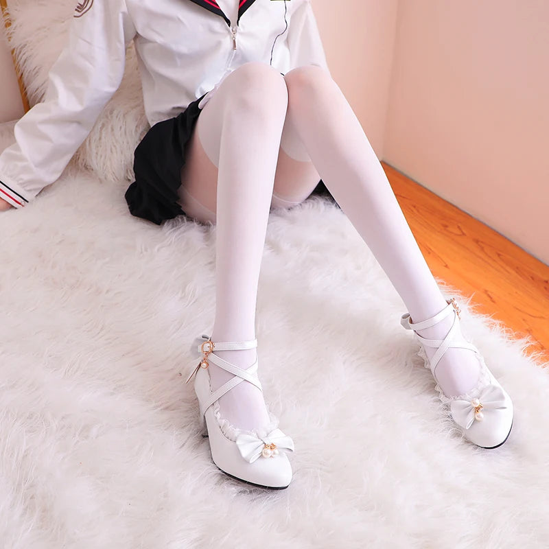 Cross Strap Women Spike High Heels Mary Jane Shoes Party Wedding Cosplay White Pink Lace Ruffles Bow Princess Lolita Pumps 34-43