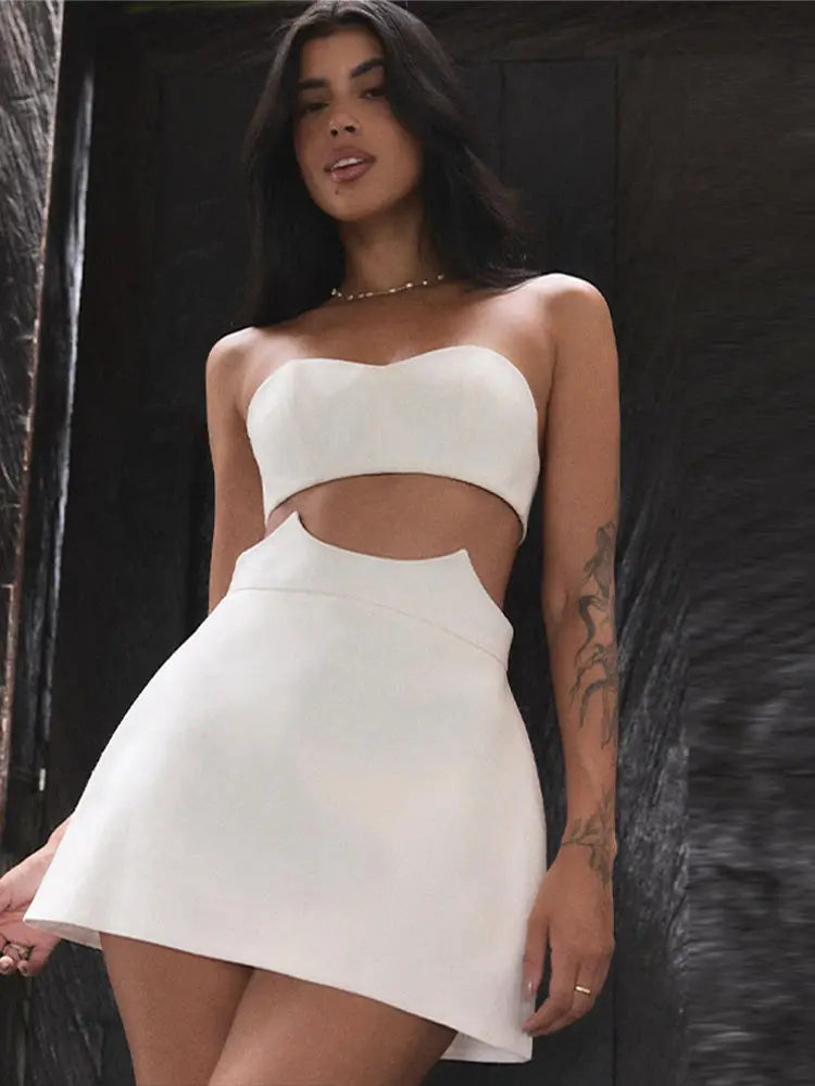 Elegant White Linen Two Piece Set Strapless Sweetheart Crop Top Cozy High Waisted Mini Skirt Summer Vacation Women's Clothing
