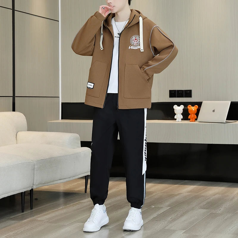 Hooded Jackets And Pants Two Piece Men's Sets 2026 Spring Autumn Youth Streetwear Tracksuits Outdoor Top Coats & Jogger Clothing
