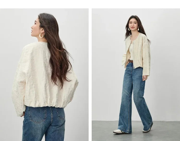 SENTUBILA Women's Loose Cropped Jacket 2026 Spring New Minimalist Round Neck 3D Embossed Jacquard Textured Zipper Coat 161WB6323