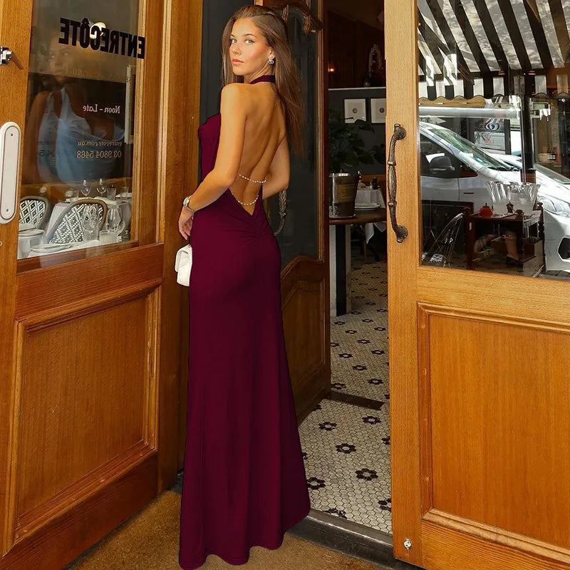 New Swing Collar Sleeveless Elegant Backless Long Dress Spicy Girl Solid Color Sexy Y2K Women Long Skirt Summer Fashion Dresses
