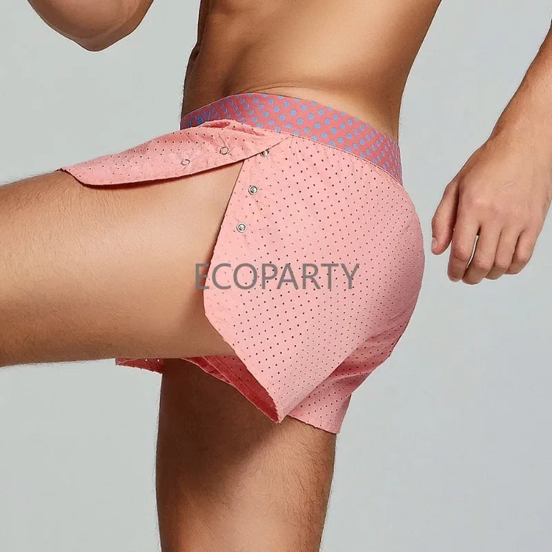 Summer new woven pure cotton Aro pants with side split button design, breathable mesh single-layer sleeping pants for men
