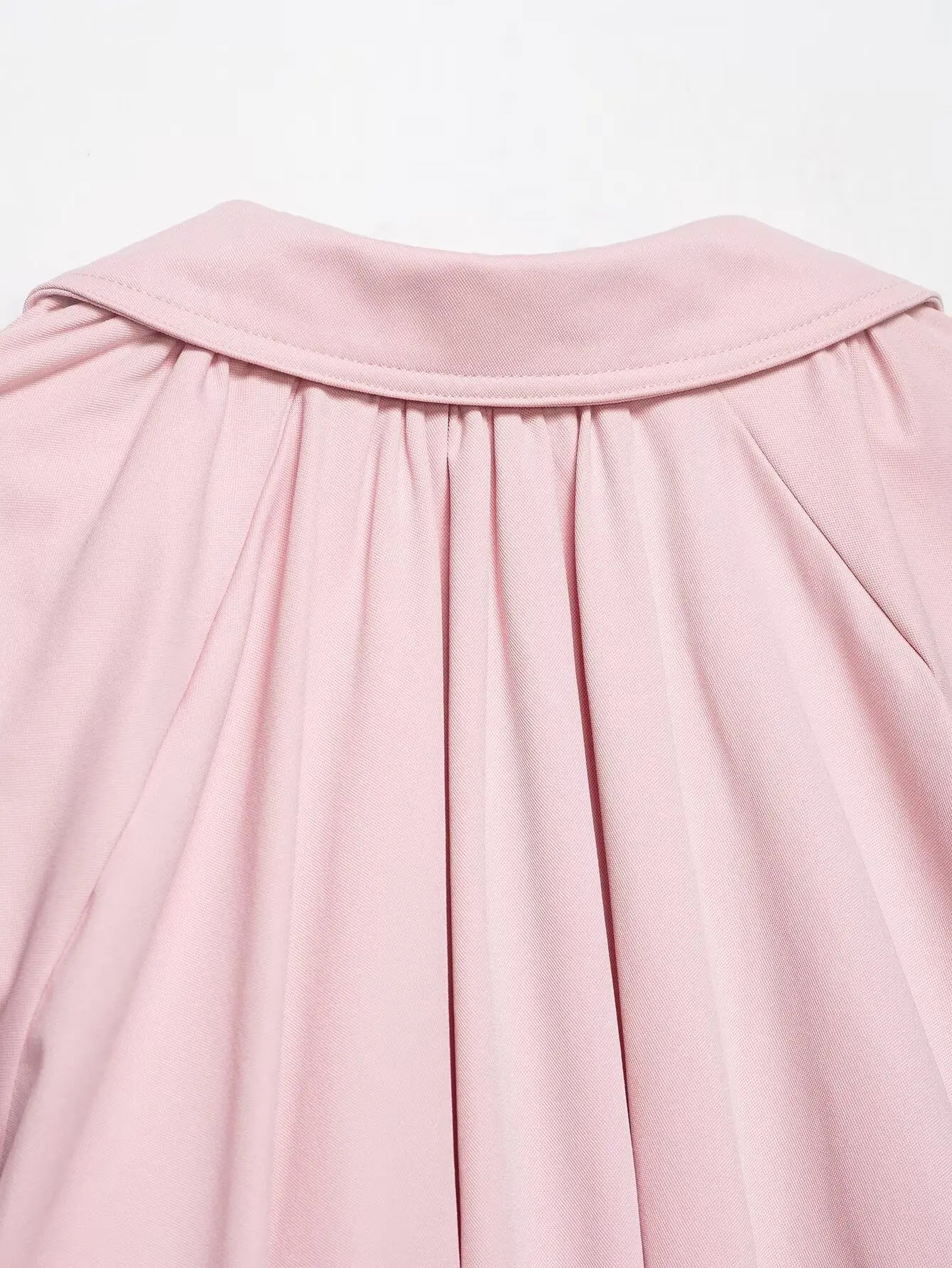 YENKYE New 2026 Women Pink Puff Sleeve Pleated Bomber Jacket Front Zipper Casual Loose Crop Coat