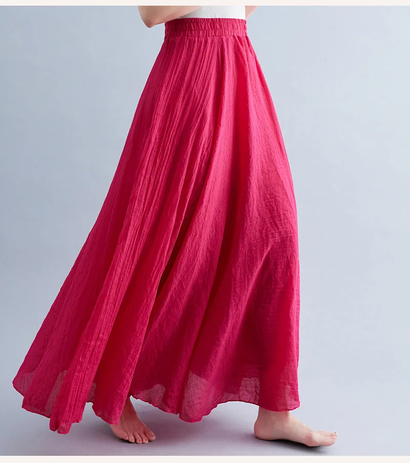New 2020 Women Linen Cotton Long Elastic Waist Pleated Maxi Skirt Beach Vintage