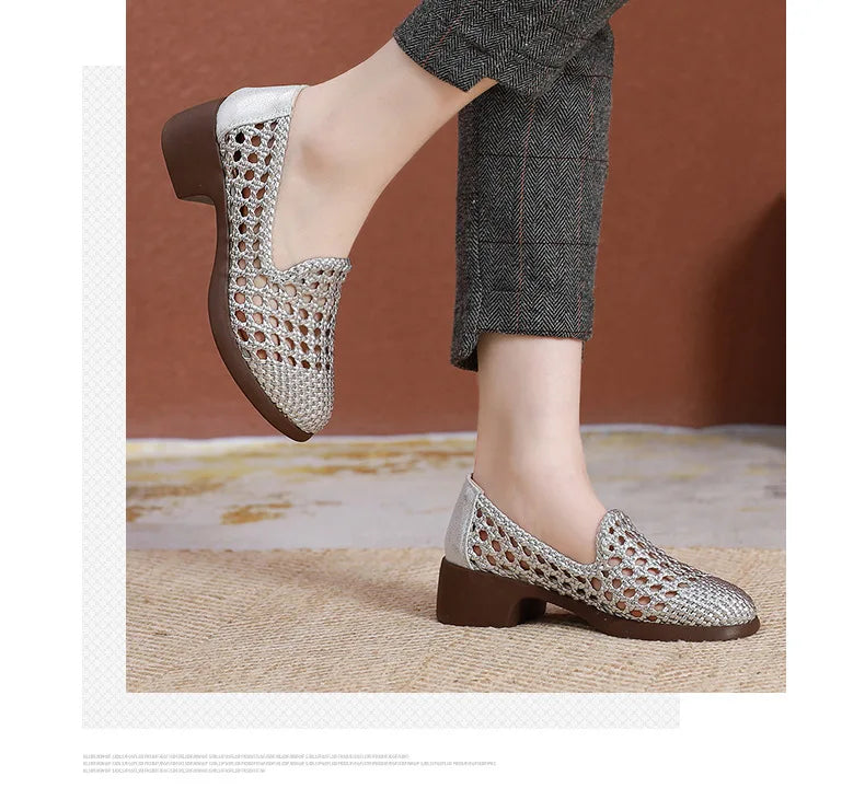 Summer Hollow Woven Breathable Shoes Women Sandals Big Size Thick Heels Genuine Leather Shoes Summer Casual Sandals