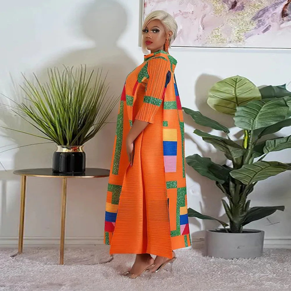 African Dresses for Women Summer Fashion Style African 3/4 Sleeve Polyester O-neck Pleated Dress Dashiki African Clothes Women