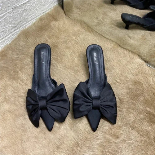 2024 Spring Pointed Toe Stiletto Heel Kitten Heels Bow Heel-Free Slippers for Women