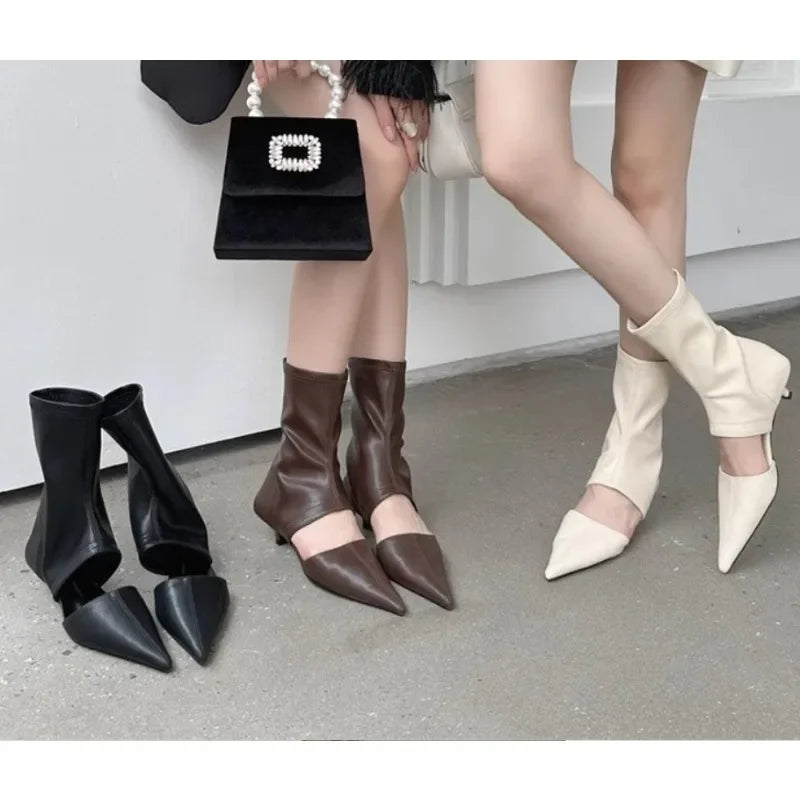 New Black Pointed Hollowed Out Cool Boots High Heel Shoes Sleeve Elastic Women's Boots Dress Shoes Stiletto Fashion Shoes Mujer