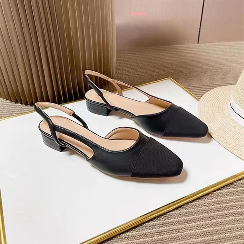 2023Spring Autumn Fashion High Heels Sandals Women's Dress Square Toe Slingback Shoes Women's Color Block Back With Flat Sandals