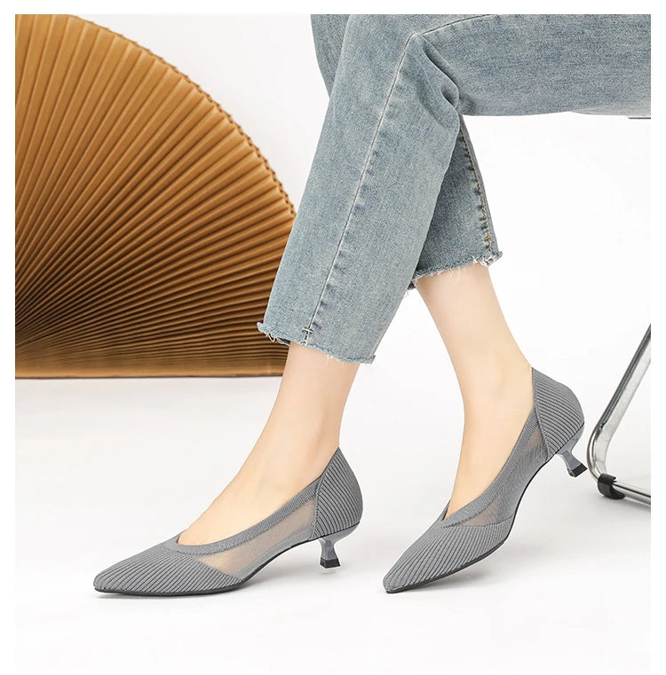 Women's High Heels 2025 New Knitted Breathable Mesh Fine Fashion Comfortable Lightweight Shoes Spring and Autumn