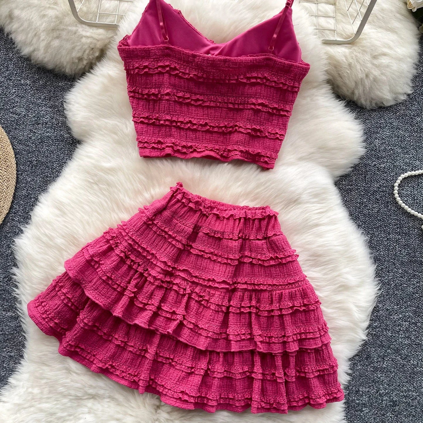 Sexy Two Pieces Sets Forwomen Chic Sexy Short Straps Tank Top with High Waist Mini Skirt Suit Summer Sweet Pleated Skirt