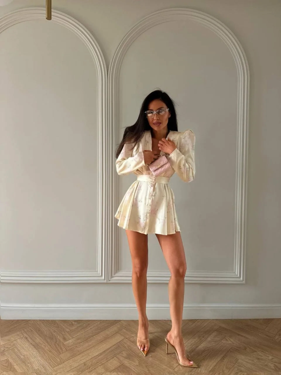 Elegant Floral Printed Waist-cinched Mini Dress Women Pleated Deep V-neck Long Sleeve Button-front Dresses Fashion Party Robe